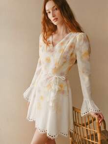 MOTF PREMIUM WOMEN'S FLORAL PRINT HOLLOW EMBROIDERY BELTED SHORT DRESS - Multicolor - View 5