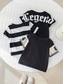 SHEIN 3件套男女宝宝休闲撞色短袖T恤针织上衣套装，春夏宝宝服装，街头风 - 黑色 - 查看 2