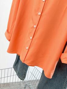 INAWLY 純色正面紐帶長袖襯衫 - 珊瑚橙 - 查看 4