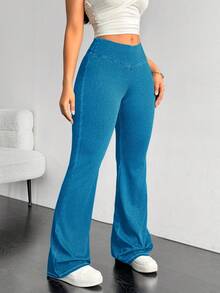 Flexra Plus Size Women Elastic Waist Casual Versatile Flare Leg Jeans - Mint Blue - View 6
