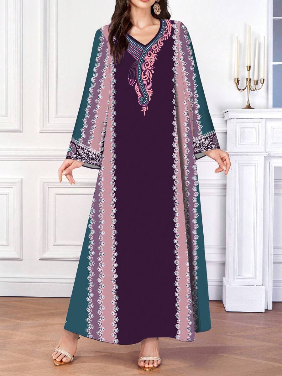 Al Najma 女士印花V领长袖优雅阿拉伯风格连衣裙,春秋季 - 彩色 - 查看 1