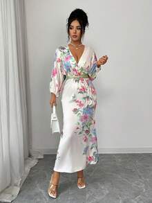 Elenzga Standard Size Women's Waist Tie Decor Cross V-Neck Satin Print Elegant Dress - Apricot - View 1