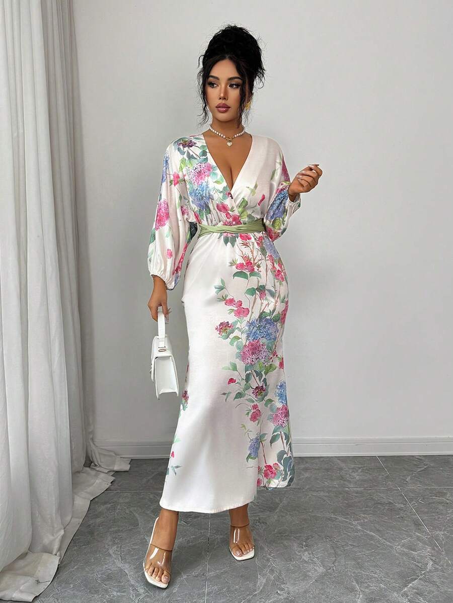 Elenzga Standard Size Women's Waist Tie Decor Cross V-Neck Satin Print Elegant Dress - Apricot - View 1