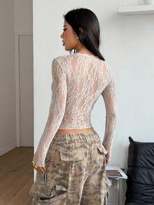 Coolane Women's Fall/All-Season Streetwear Rave Outfit Festival Boho Western Wear Y2K Gyaru Lace V-Neck Long Sleeve Tees - Khaki - View 7