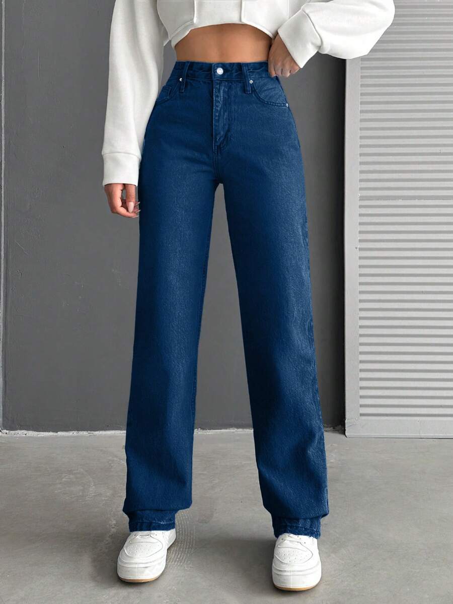 EURMUSE Damen Jeans mit Taschen und Knöpfen, vielseitig einsetzbar für den Alltag und den Arbeitsweg - Blau - Übersicht 1
