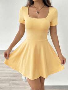 SHEIN EZwear Square Neck Short Sleeve Casual Knit Dress For Women, Pale Yellow Skater Dresses Stretchy ,Summer Mod - Pale Yellow - View 7