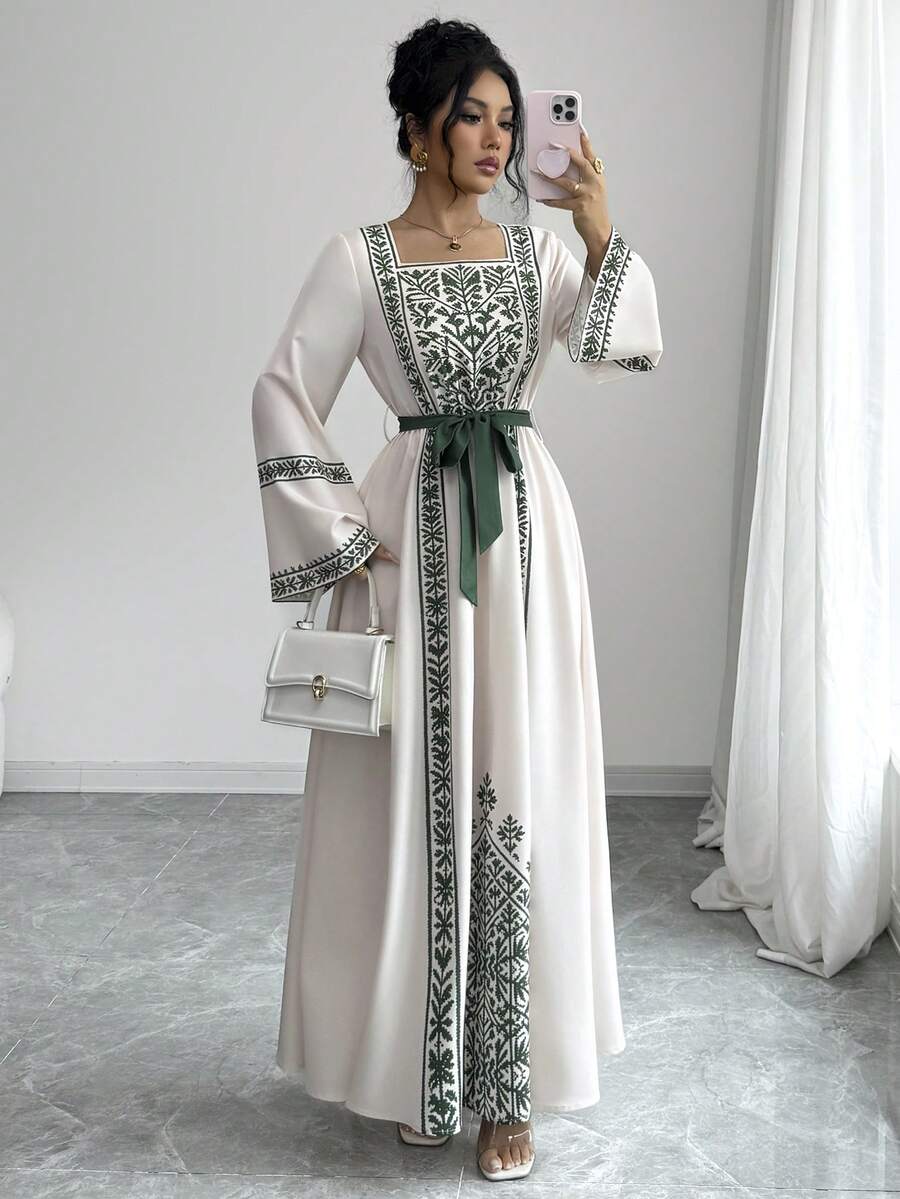 Yasmyna Women's Elegant Square Collar Flare Sleeve Cinched Waist Vintage Dress - Multicolor - View 1