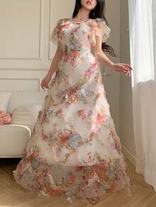 Celisse Women's Textured Mesh Printed X-Shaped Waist Dress, Elegant & Romantic, Spring/Summer - Multicolor - View 3