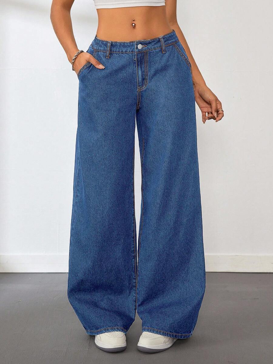 SHEIN Tall Women's Low Waist Straight Leg Blue Jeans - Dark Wash - View 1
