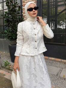 DAZY 女士优雅纹理蕾丝圆领上衣和A字裙两件套，春夏款 - 米色 - 查看 4