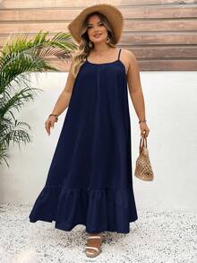 SHEIN CURVE+ 纯色加大码吊带摆裙，长款度假连衣裙，结婚纪念日连衣裙，白色连衣裙，波西米亚风长款白色连衣裙 - 霧霾藍 - 查看 2