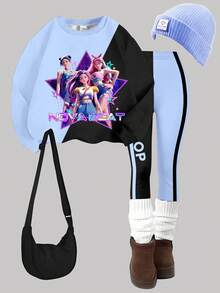 2pcs Young Girls Casual K-Pop Character Graphic Crew Neck Long Sleeve Sweatshirt And Knit Leggings Set, Girls Comfortable Daily Wear Outfit, Suitable For Autumn/Winter - Multicolor - View 6