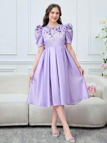 SHEIN Đầm xếp ly tay lửng màu tím thanh lịch dành cho thiếu nữ, chất liệu dệt jacquard, họa tiết hoa, thích hợp cho tiệc tối và mùa cưới. - Màu tím - Xem 3