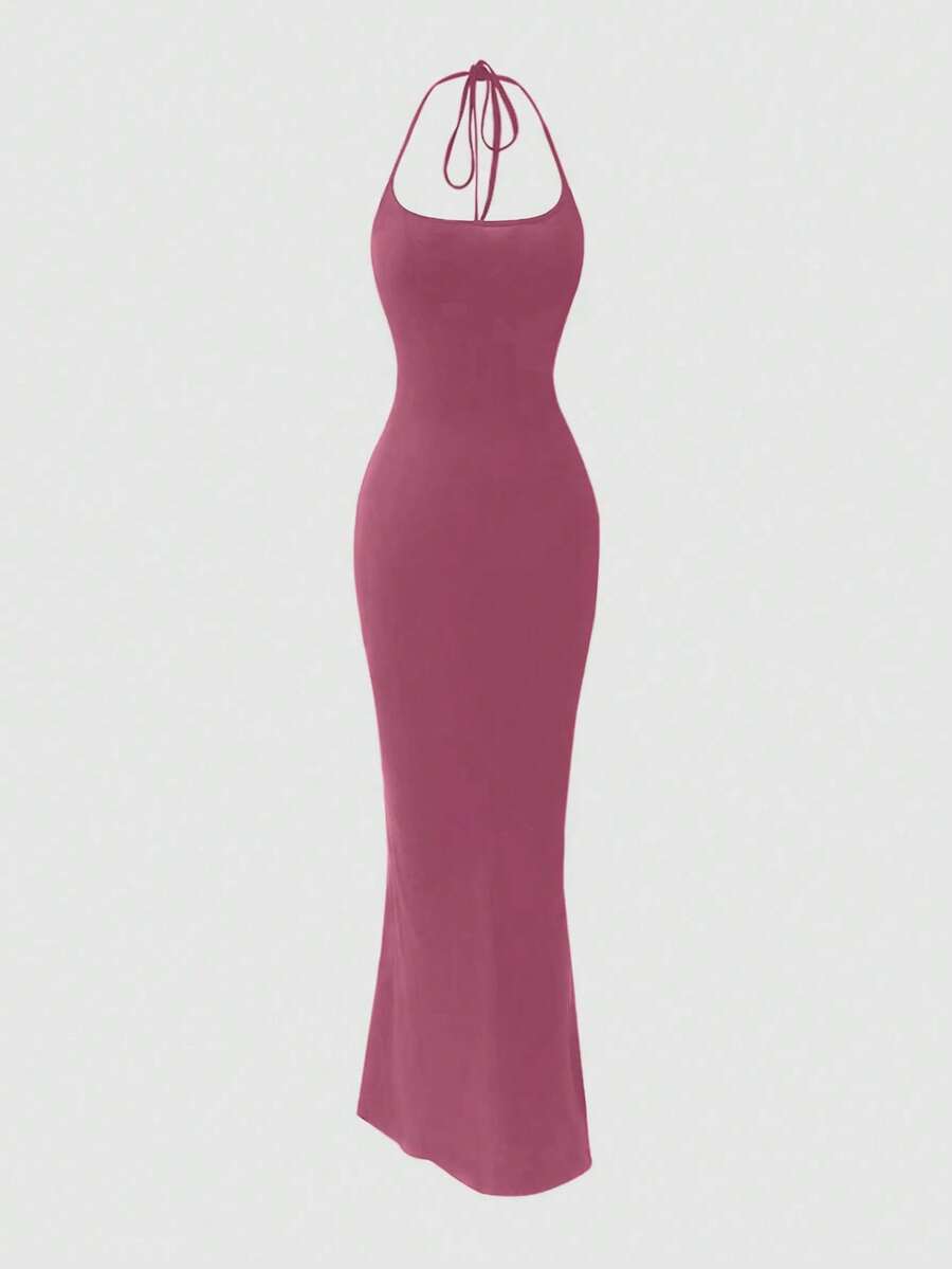 Sweetra 1件女士纯色美人鱼下摆长款优雅吊带连衣裙 Maxi 女装 - 紫色 - 查看 1