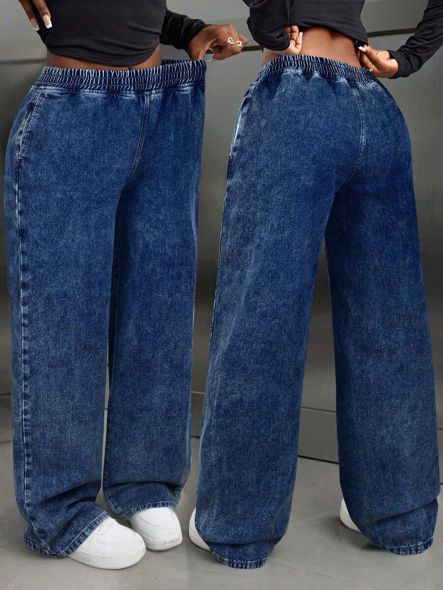 SHEIN Tall 休闲弹力腰直筒水洗牛仔裤 - 中等水洗藍 - 查看 1