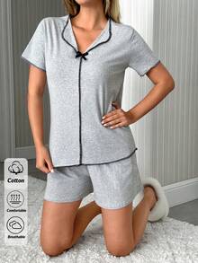 SHEIN Contrast Binding Bow Front Lounge Set Sleepwear For Women Short Set Lounge Short Sets For Women Pajamas Women Set Short Womens Short Sets Summer Sleepwear Sets - Grey - View 3