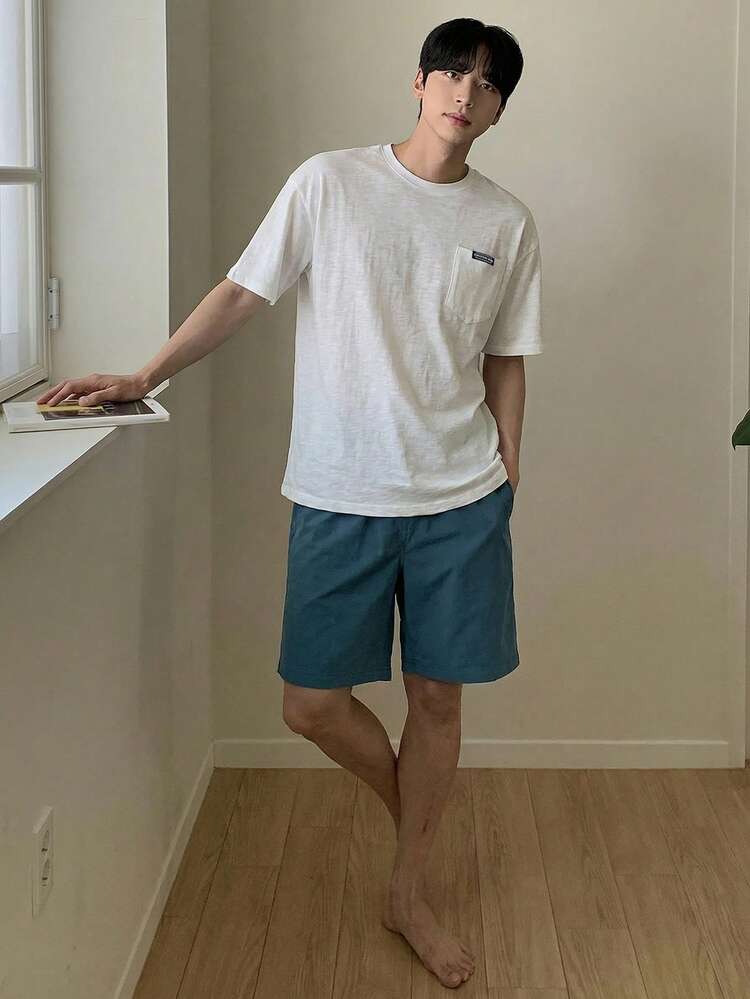 Men's Summer Solid Color Short Sleeve Top And Shorts Pajama Set