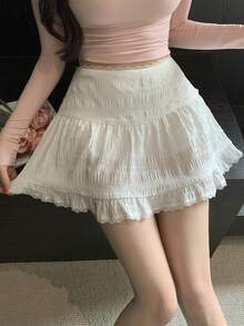 K-Vae New Lace Trim A-Line Mini Skirt, Spring/Summer - White - View 3