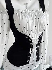Elamini Women's Casual Faux 2-Piece Polka Dot Splice Eyelet Lace-Up Off Shoulder Fitted Long Sleeve T-Shirt, Spring/Autumn Polka Dots - Black and White - View 5