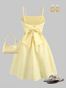 SHEIN Girlism 少女纯色连衣裙，后背饰有蝴蝶结。 - 黃色 - 查看 5