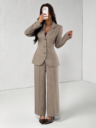 SHEIN PETITE Plaid Waist Cinched Women's Long Sleeve Jacket And Pants Casual Suit Set In Fall/Winter Women's Suits Woman Suit Pantsuit For Women Pants Suit Tweed Two Pieces Set Blazer Set Women