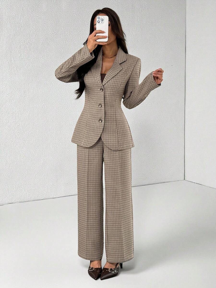 SHEIN PETITE 格子收腰女士长袖外套和裤子休闲套装，秋冬女装，女士西装裤套装，粗花呢两件套西装外套套装 - 灰色 - 查看 1