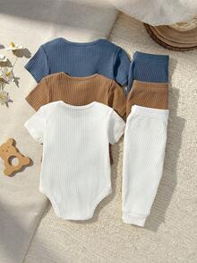 Loomiva 6件套新生女宝宝卡通熊图案针织柔软圆领长袖套头衫和松紧腰长裤套装 - 卡其色 - 查看 2