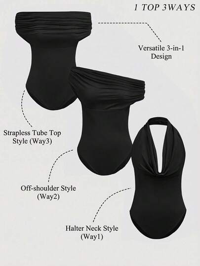 SHEIN EZwear Women's Solid Color Draped Collar Multifunctional Fashionable Bodysuit, 3-Way Wear