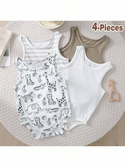 Loomiva 4 st/set söta, avslappnade, enfärgade stickade bodysuits för baby pojkar/flickor, lämpliga för sommar, grafisk höst