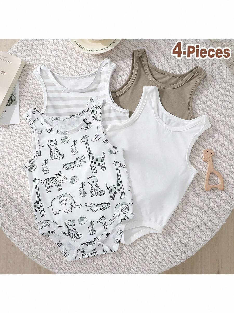 Loomiva 4pcs/Set Cute Casual Solid Color Knit Bodysuit For Baby Boys/Girls, Suitable For Summer Graphic Fall - Multicolor - View 1