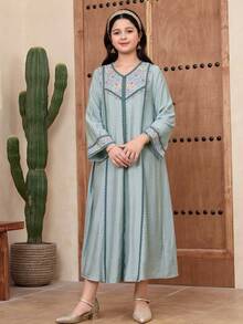 SHEIN 少女休闲V领长袖连衣裙 - 綠色 - 查看 4