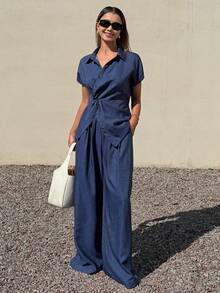 DAZY Women's Collared Short Sleeve Twist Knot Loose Shirt And Wide Leg Jeans Casual 2-Piece Set - Medium Wash - View 3