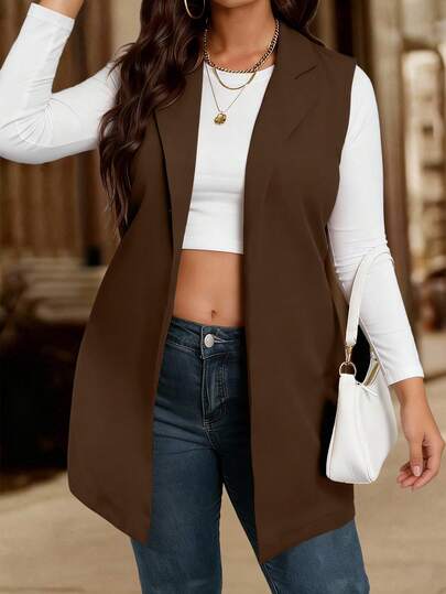 EMERY ROSE Elegant Plus Size Thigh Length Lapel Sleeveless Vest With Button Detail In Plain Woven Fabric