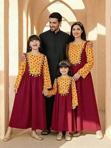 SHEIN Long-Sleeved Floral Print Sequin Abaya Arabic Muslim Young Girls Dresses Fitted Waist - Multicolor - View 12