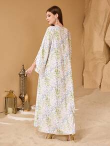Al Najma 女士优雅浅色花卉印花精致串珠花朵设计日常阿拉伯风格连衣裙 - 彩色 - 查看 2