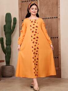 SHEIN Tween Girl Orange Floral Ombre Rose Pattern Patchwork Bow Decor Loose Wide Neck Long Sleeve Robe,Autumn Modest Wedding Guest Arabian Long Dress - Orange - View 3