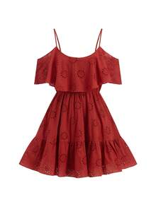 Ellevyn Women's Boho Red Embroidery Mini Dress A Line Flounce Ruffle Hem Spaghetti Strap Cold Shoulder Sleeveless - Red - View 11
