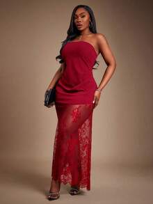 Radiana Plus Size Women's Red Asymmetric Patchwork Sheer Lace Hem Waist Cinched Dress, Suitable For Valentine's Day, Party Strapless Red Dress - Red - View 5