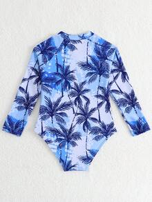 Sparklyn Young Girl Summer Vacation Beach Coconut Tree Print Zipper Half-Open One-Piece Swimsuit - Baby Blue - View 2