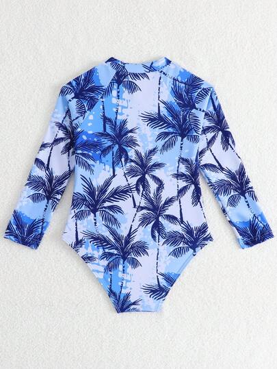 SHEIN Traje de baño de una pieza con cierre y estampado de árbol de coco para niñas en vacaciones de verano