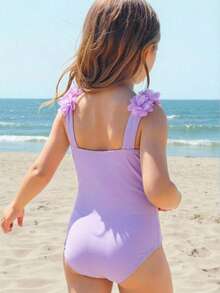 SHEIN Young Girl Vacation Butterfly Print 3D Floral Decor Fashionable One-Piece Swimsuit - Purple - View 5