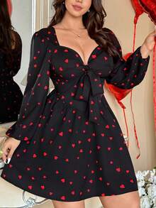 Vionelle 大码女式情人节爱心印花蝴蝶结腰带A字短裙 - 黑色 - 查看 1