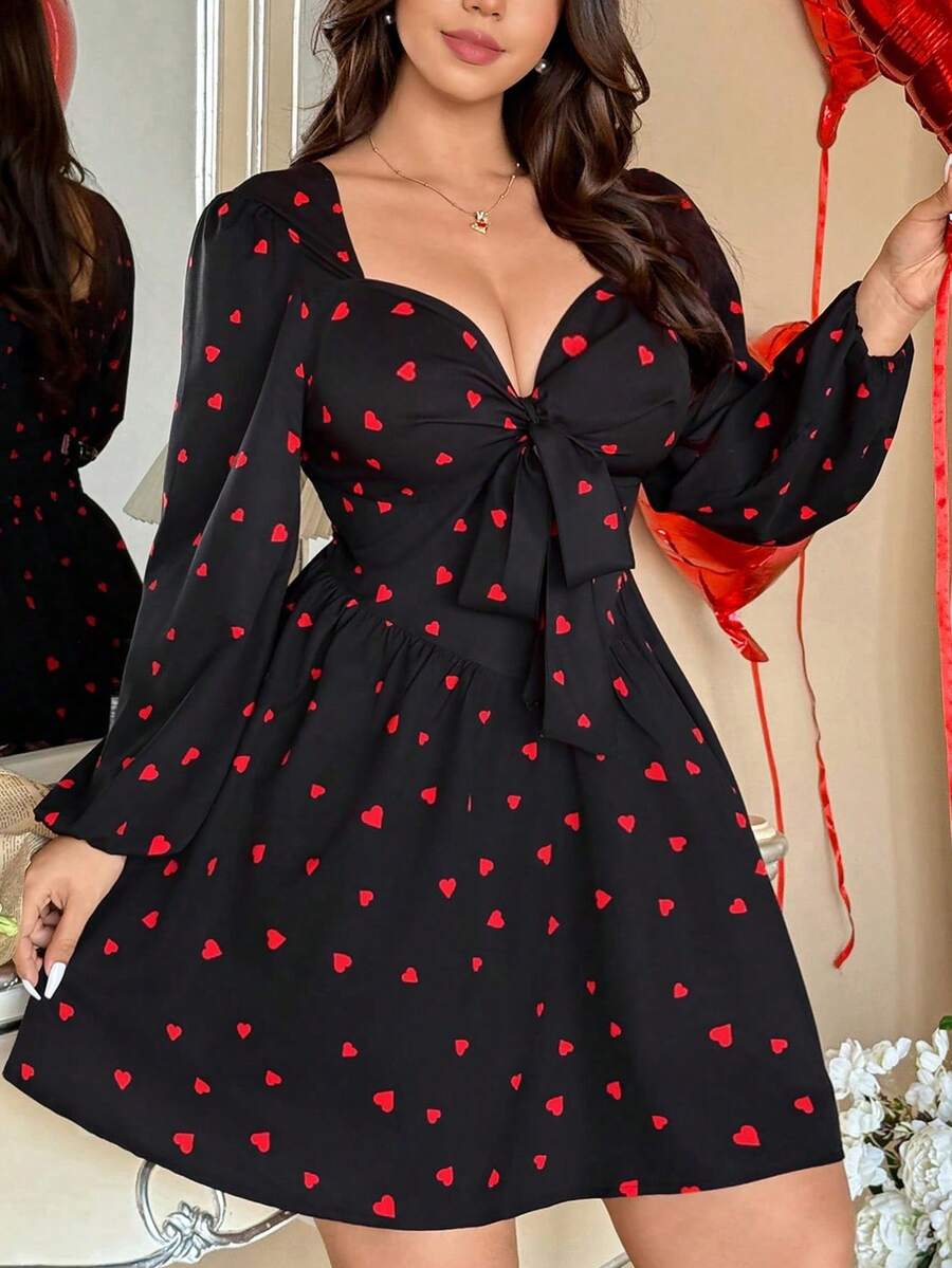 Vionelle 大码女式情人节爱心印花蝴蝶结腰带A字短裙 - 黑色 - 查看 1