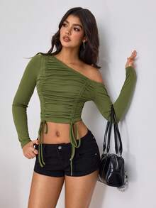 Aidyla Olive Green Asymmetric-Shoulder Ruched Drawstring Tie Sexy Casual T-Shirt For Women - Green - View 7