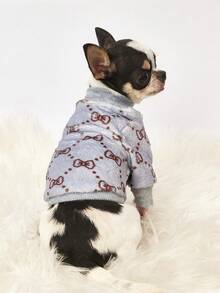 PETSIN 1件印花蝴蝶结法兰绒卫衣，宠物秋冬加厚保暖灰色款 - 灰色 - 查看 5