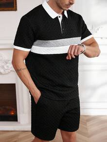 Core Aspect Męski, swobodny, patchworkowy zestaw polo, dzianina szydełkowa, czarny męski zestaw polo, patchworkowy, kontrastowy zestaw polo, 2 elementy, swobodny zestaw. Idealny prezent dla męża, chłopaka lub przyjaciela. - Wielokolorowe - Zobacz 5