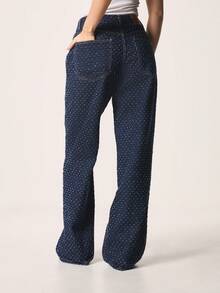 MISSGUIDED Mid Rise Baggy Nibble Jeans With Nibble Pattern Relaxed Fit Wide Leg Denim Pants For Women - Blue - View 2