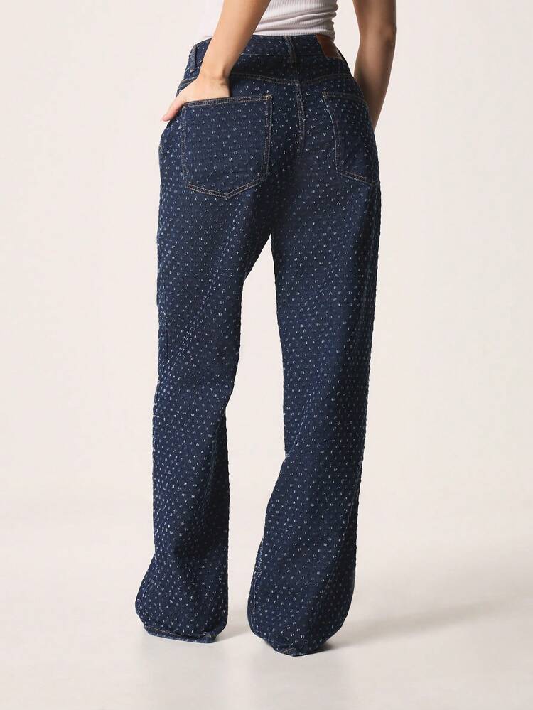 MISSGUIDED Mid Rise Baggy Nibble Jeans With Nibble Pattern Relaxed Fit Wide Leg Denim Pants For Women
