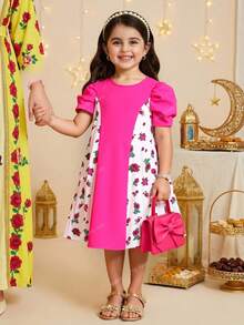 Sparklyn 少女拼接撞色褶皱花卉印花优雅时尚连衣裙 - 粉色 - 查看 3