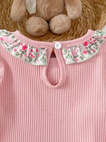 SHEIN Conjunto de 2 piezas de ropa cómoda y suave para bebé niña, con bordado de unicornio lindo, estampado floral elegante y cuello con volantes, top de manga larga y pantalones, conjunto de pijama para bebé niña - Rosa - Ver 7